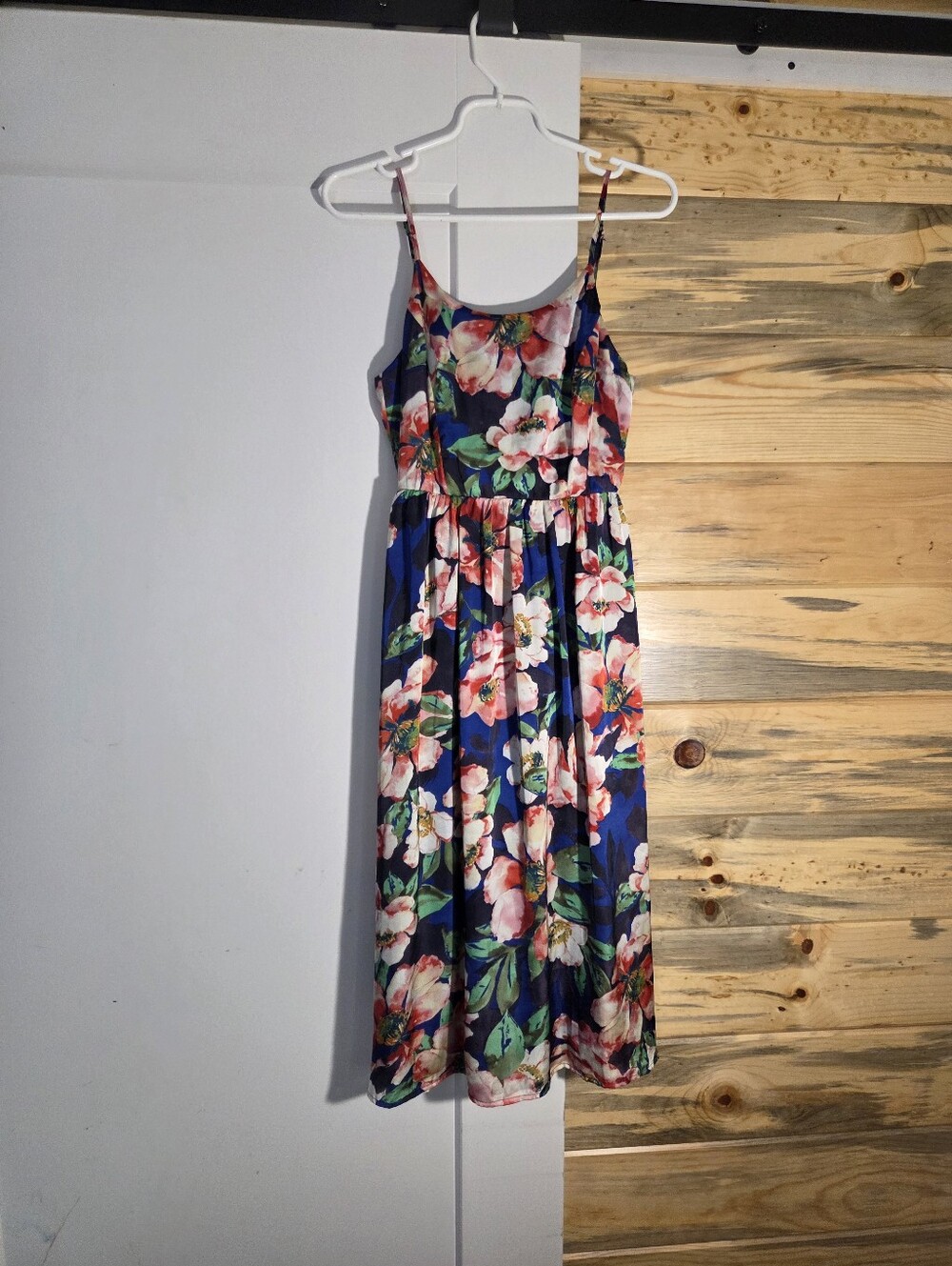 Wells Grace Blue Satin Floral Spaghetti Strap Dress Slightly Open Back Sundress